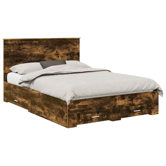 vidaXL Bed Frame with Drawer Smoked Oak 140 x 190 cm Engineered Wood