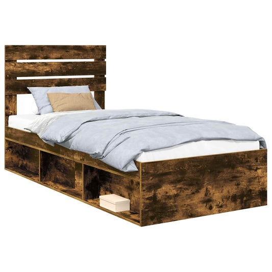 vidaXL Bed Frame with Headboard Smoked Oak 90 x 200 cm Solid Pine Wood