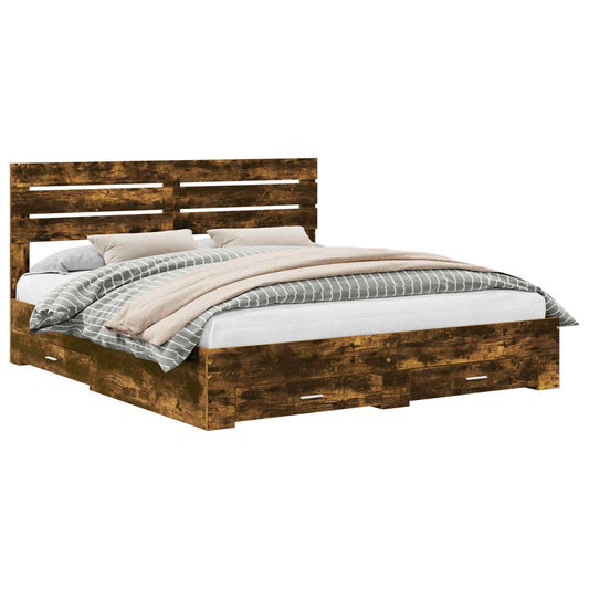 vidaXL Bed Frame with Drawer Smoked Oak 200 x 200 cm Engineered Wood