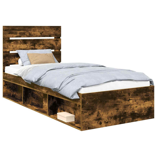 vidaXL Bed Frame with Headboard Smoked Oak 90 x 200 cm Solid Pine Wood