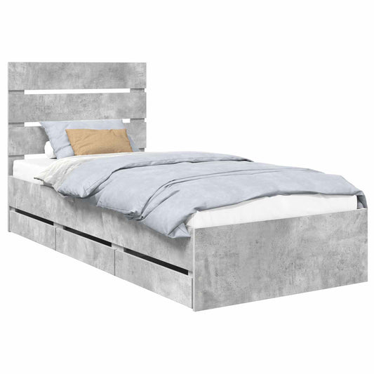 vidaXL Bed Frame with Drawer Concrete Grey 75 x 190 cm Engineer Wood