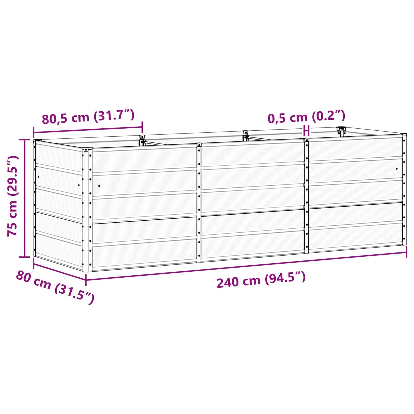 vidaXL Planter Ivory 240 x 80 x 75 cm Steel