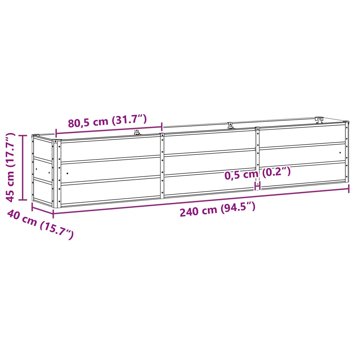 vidaXL Planter Light Grey 240 x 40 x 45 cm Steel