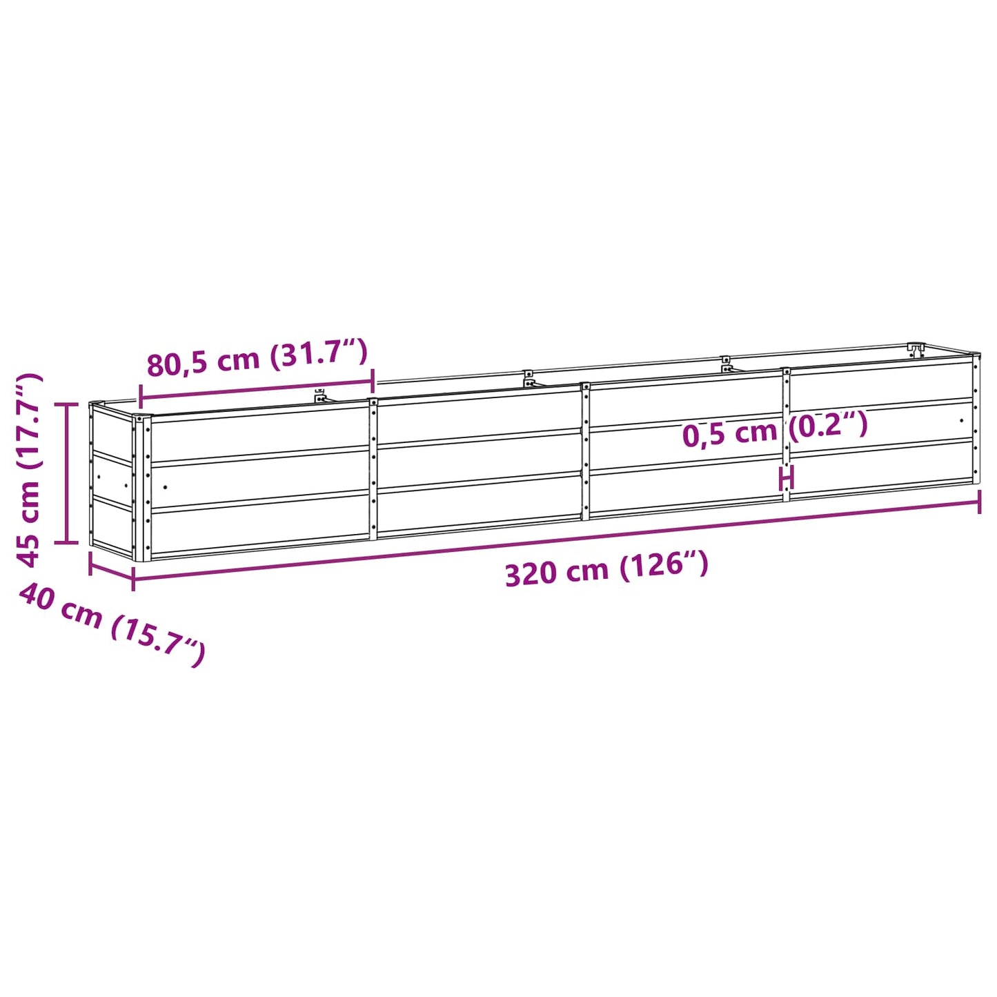 vidaXL Planter Light Grey 320 x 40 x 45 cm Steel