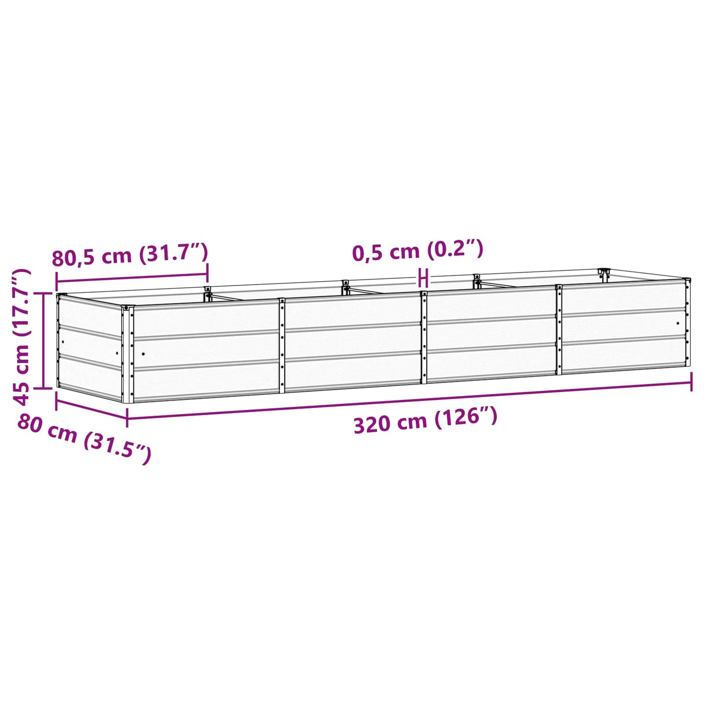 vidaXL Planter Light Grey 320 x 80 x 45 cm Steel