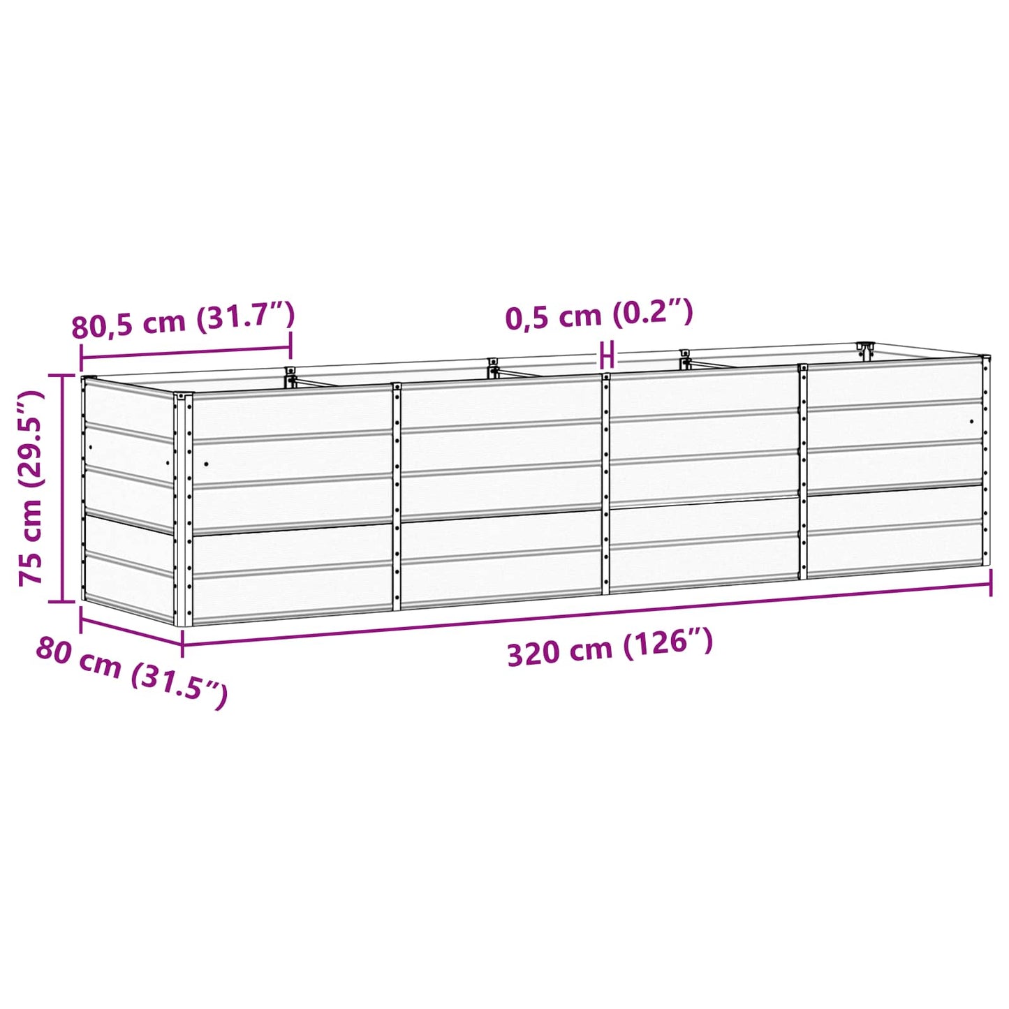 vidaXL Planter Light Grey 320 x 80 x 75 cm Steel