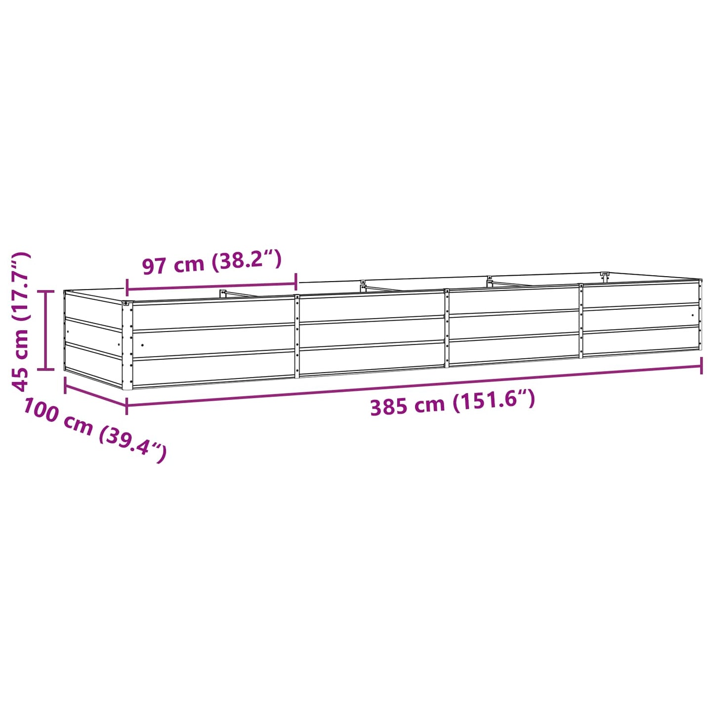 vidaXL Planter Light Grey 385 x 100 x 45 cm Galvanised Steel