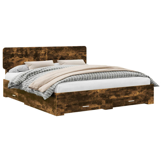 vidaXL Bed Frame with Drawer Smoked Oak 200 x 200 cm Engineered Wood