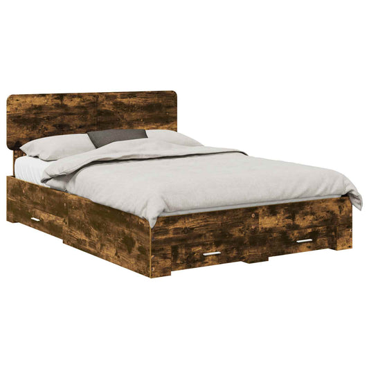 vidaXL Bed Frame with Drawer Smoked Oak 140 x 200 cm Engineered Wood