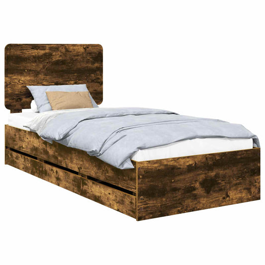 vidaXL Bed Frame with Drawer Smoked Oak 100 x 200 cm Engineer Wood