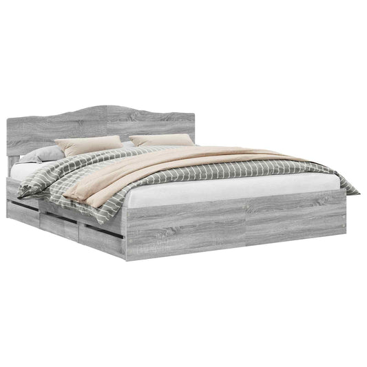 vidaXL Bed Frame with Drawer Grey Sonoma 200 x 200 cm Engineer Wood
