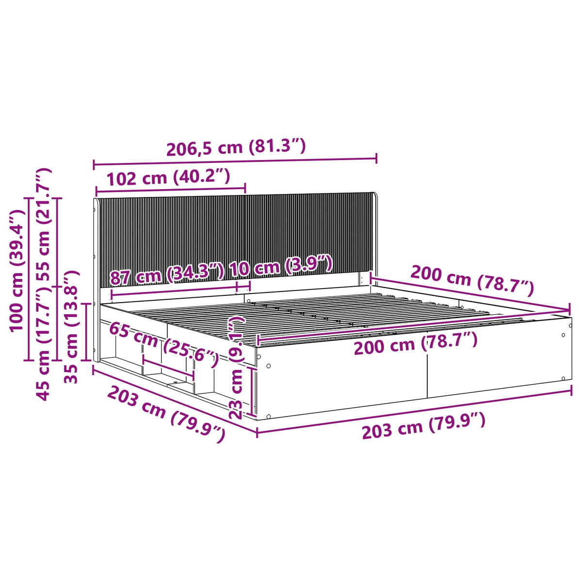 vidaXL Bed Frame with Storage and Headboard Grey Sonoma 200 x 200 cm