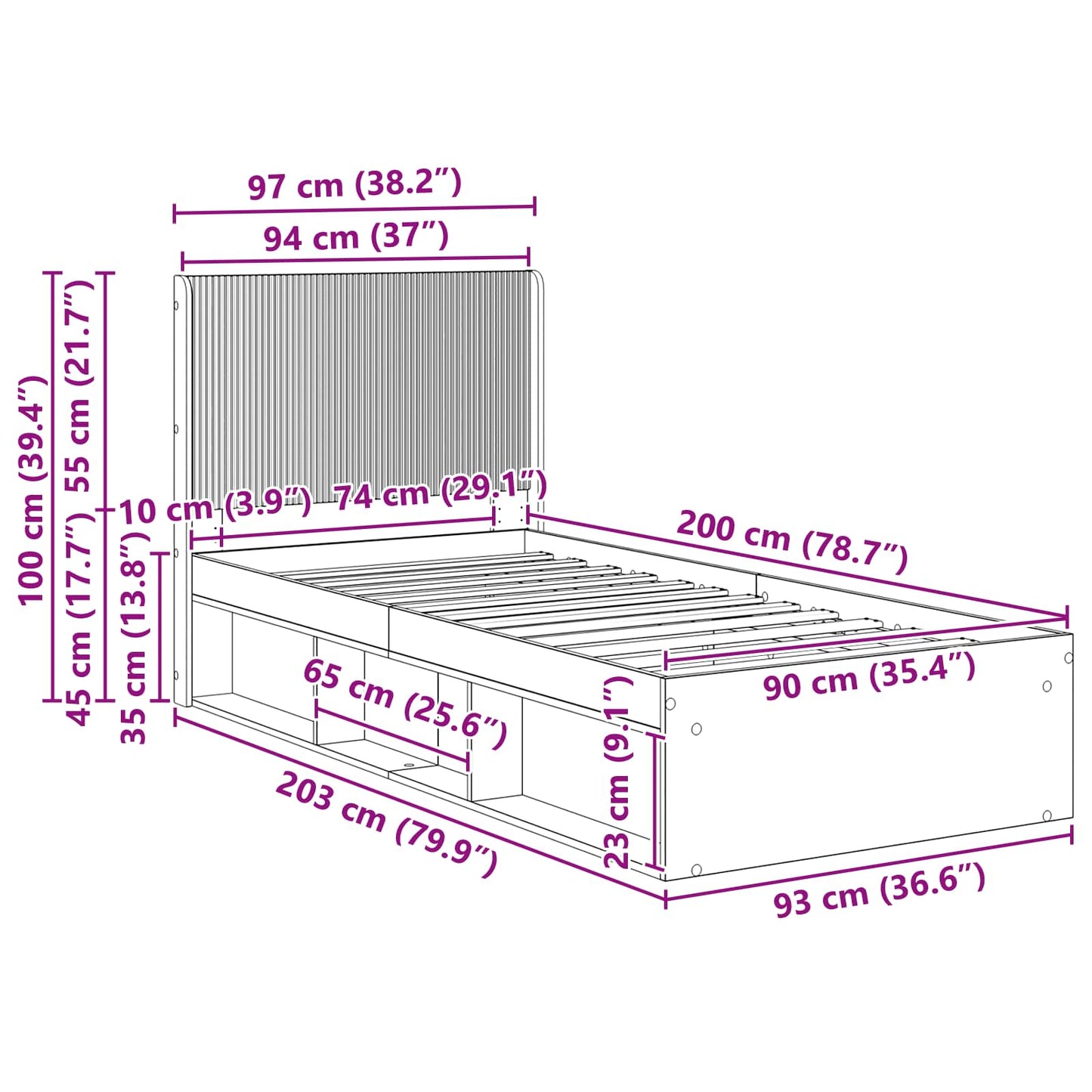 vidaXL Bed Frame with Storage and Headboard Smoked Oak 90 x 200 cm