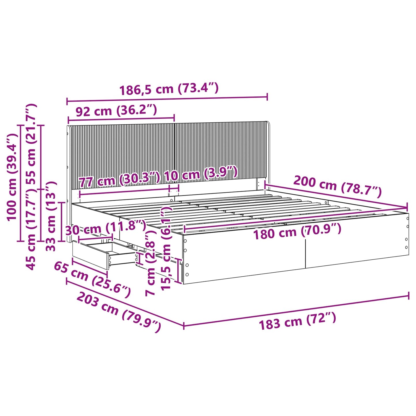 vidaXL Bed Frame with Storage and Headboard White 180 x 200 cm