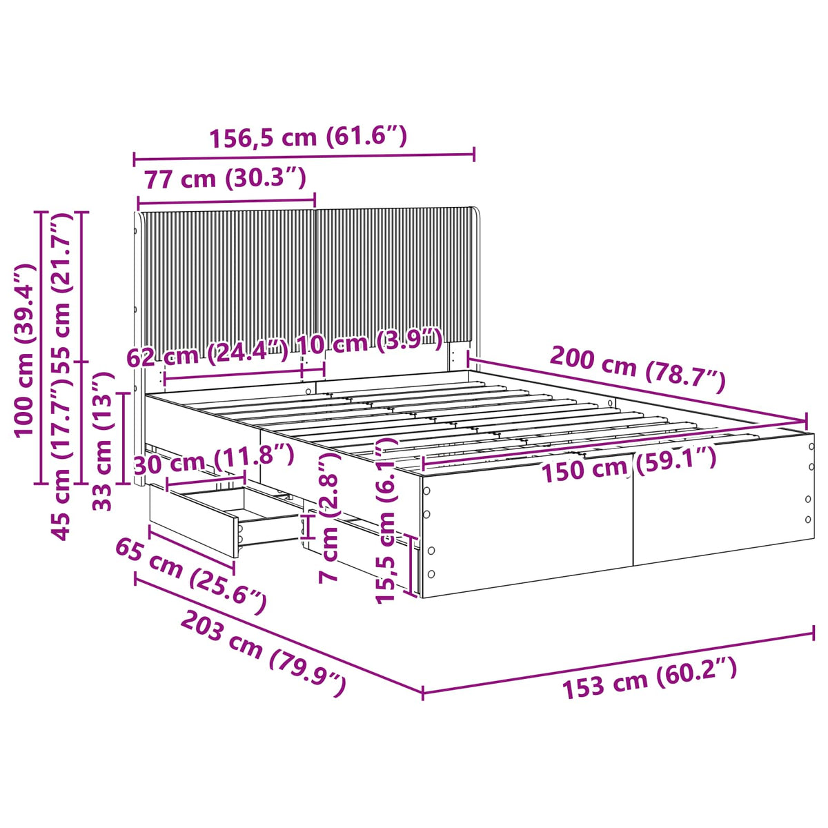 vidaXL Bed Frame with Storage and Headboard Black 150 x 200 cm