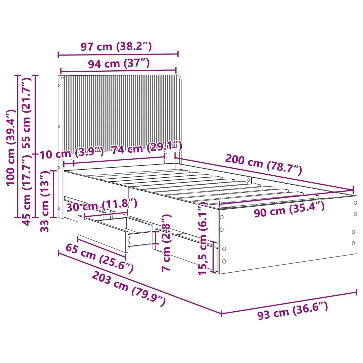 vidaXL Bed Frame with Storage and Headboard Black 90 x 200 cm