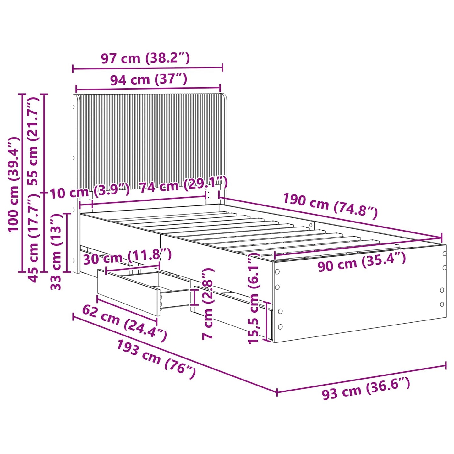 vidaXL Bed Frame with Storage and Headboard White 90 x 190 cm