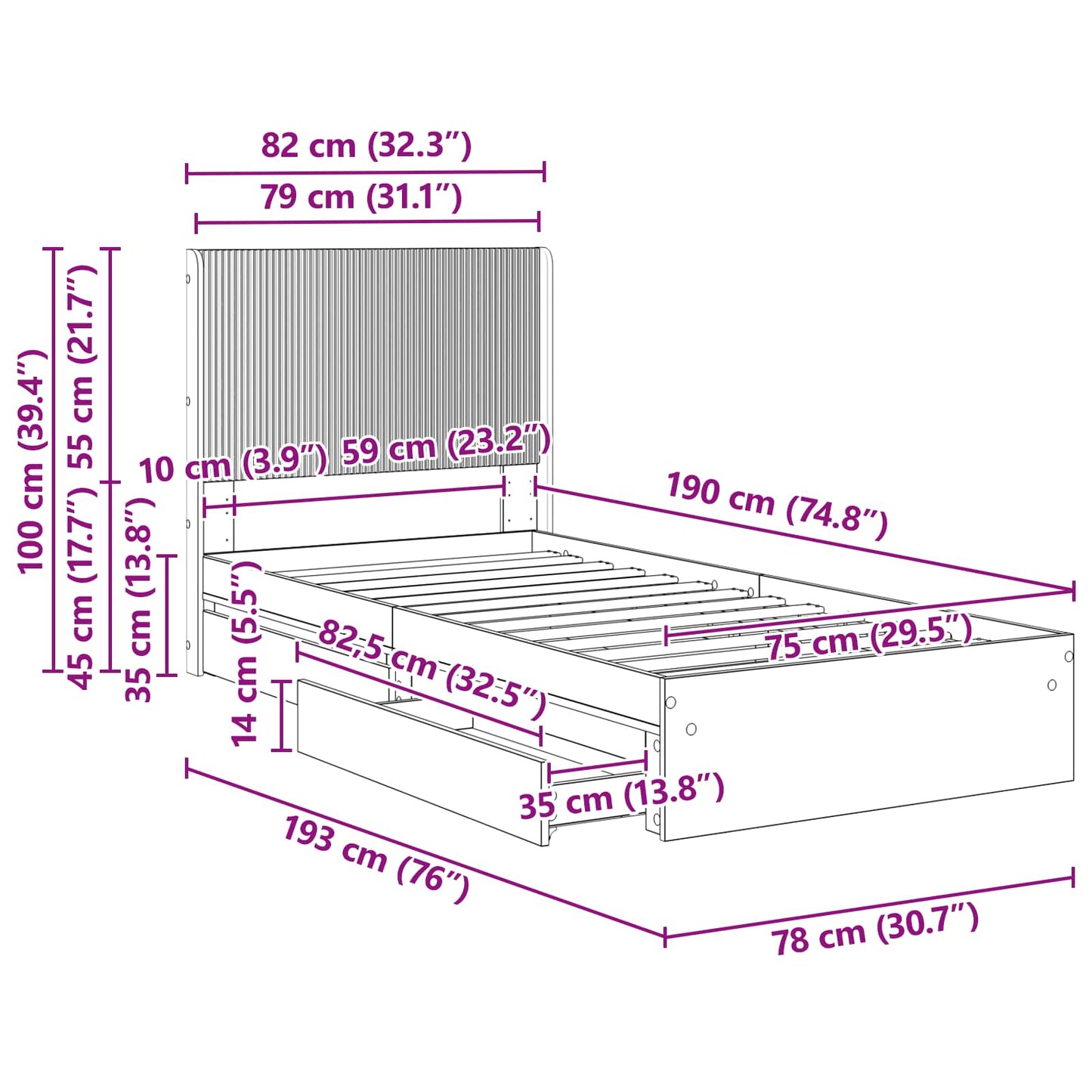 vidaXL Bed Frame with Storage and Headboard Smoked Oak 75 x 190 cm