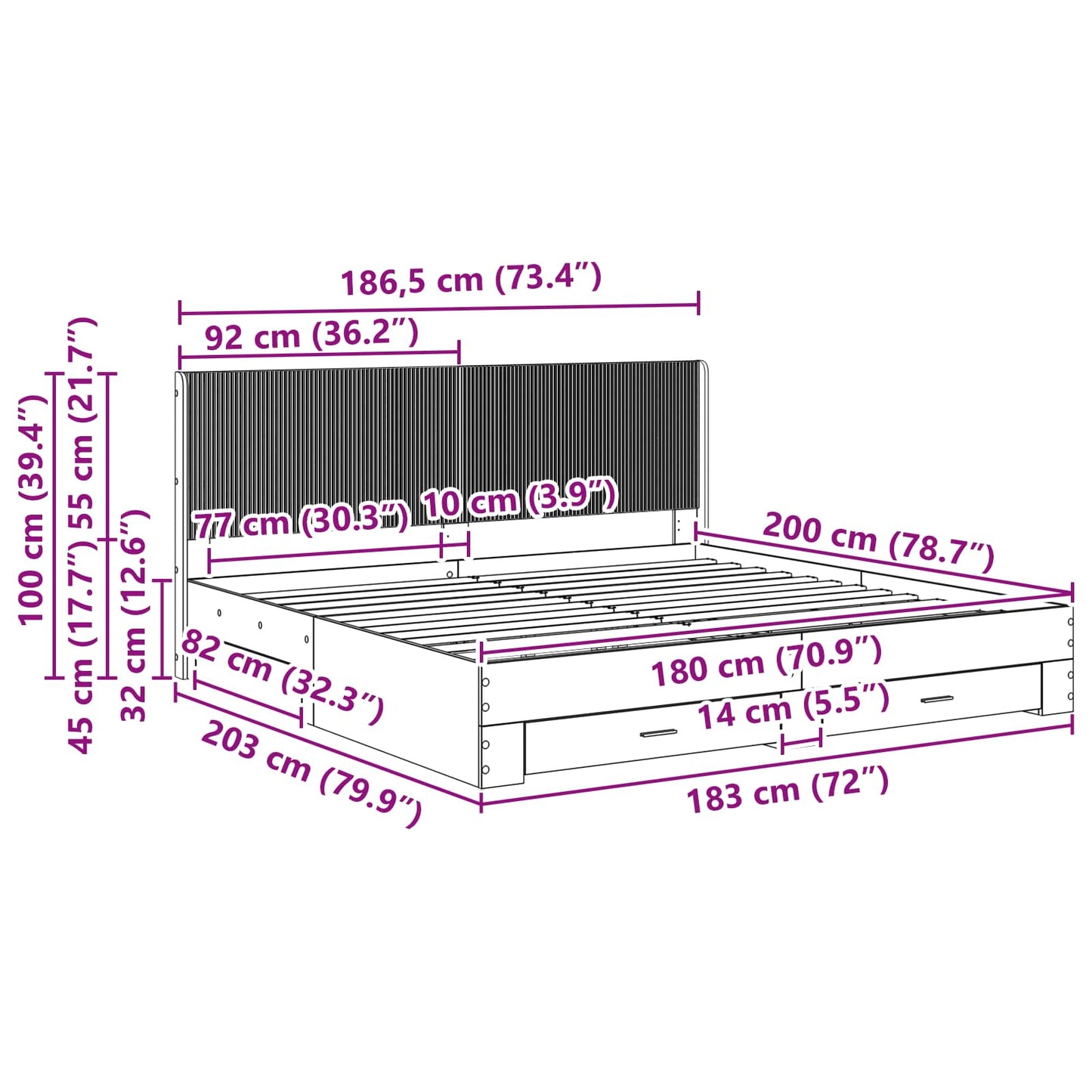 vidaXL Bed Frame with Storage and Headboard Concrete Grey