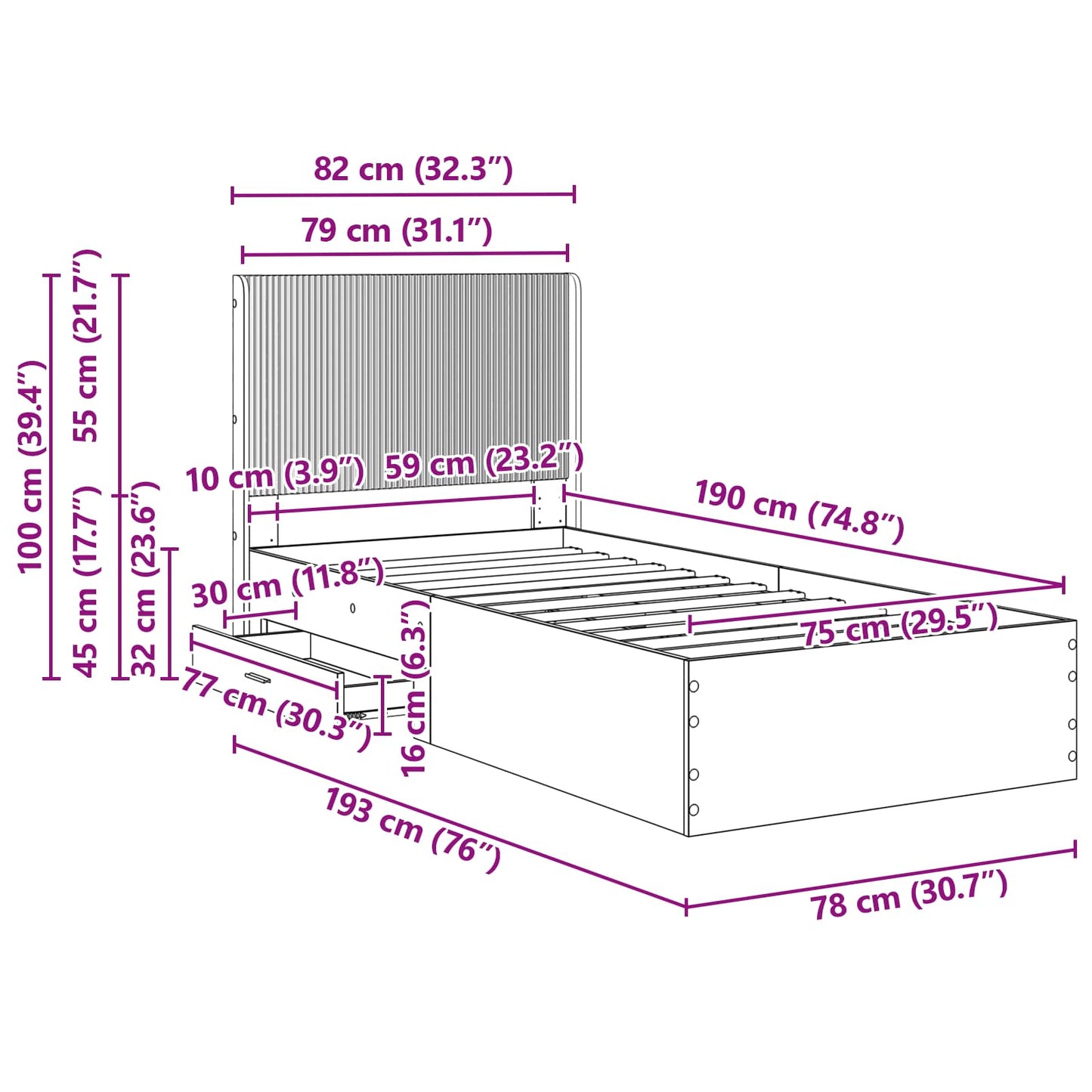 vidaXL Bed Frame with Storage and Headboard Sonoma Oak 75 x 190 cm