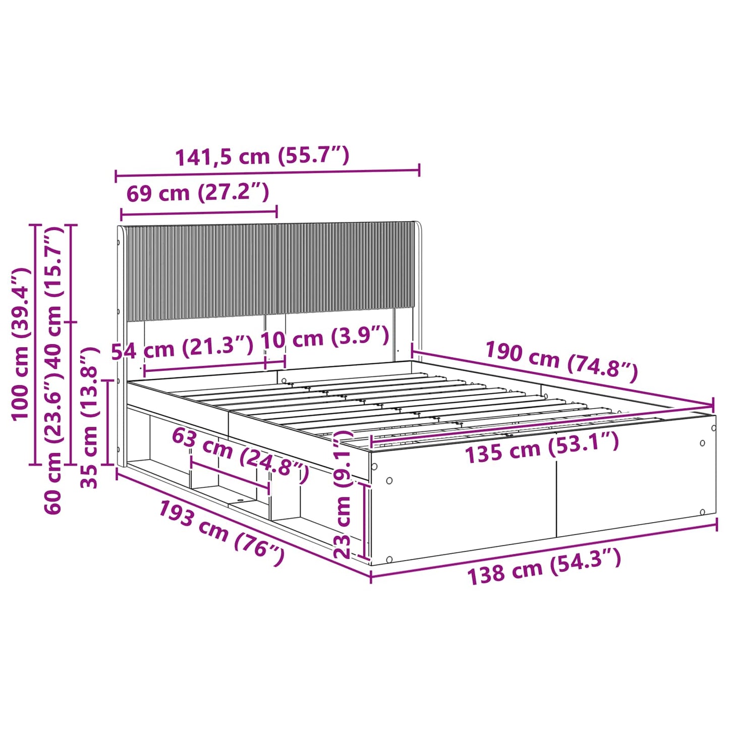 vidaXL Bed Frame with Storage and Headboard Concrete Grey 135 x 190 cm