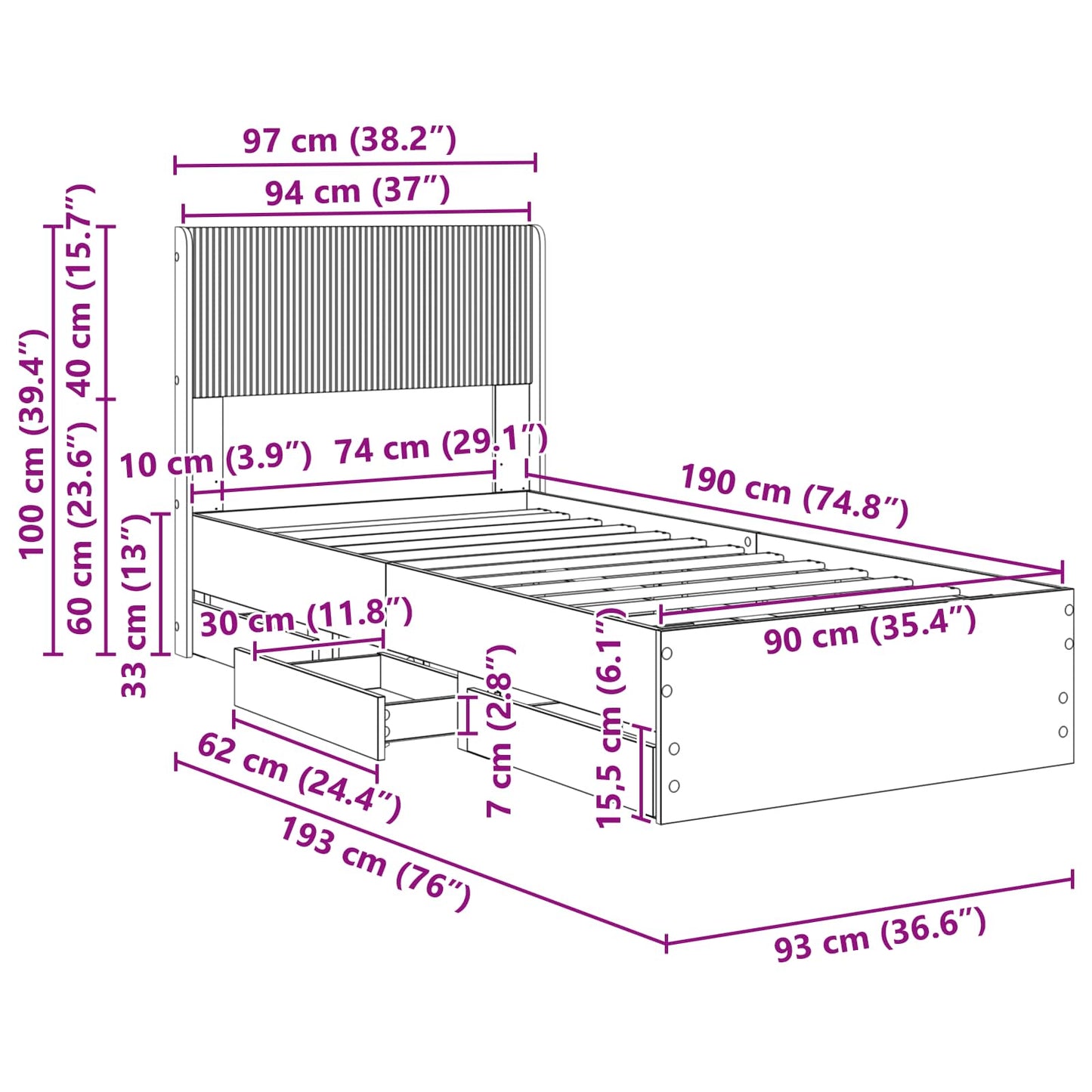 vidaXL Bed Frame with Storage and Headboard Black 90 x 190 cm