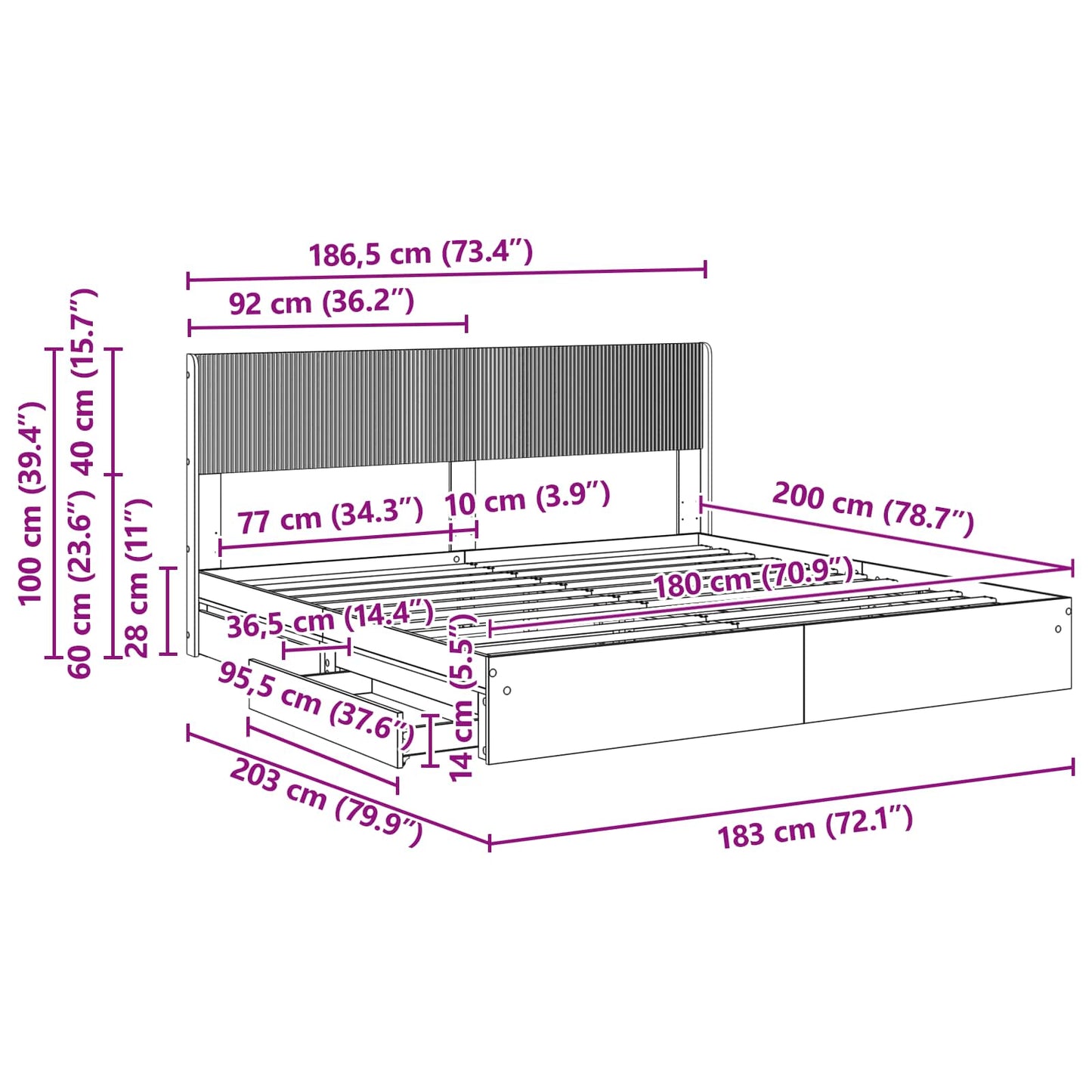 vidaXL Bed Frame with Storage and Headboard Grey Sonoma 180 x 200 cm