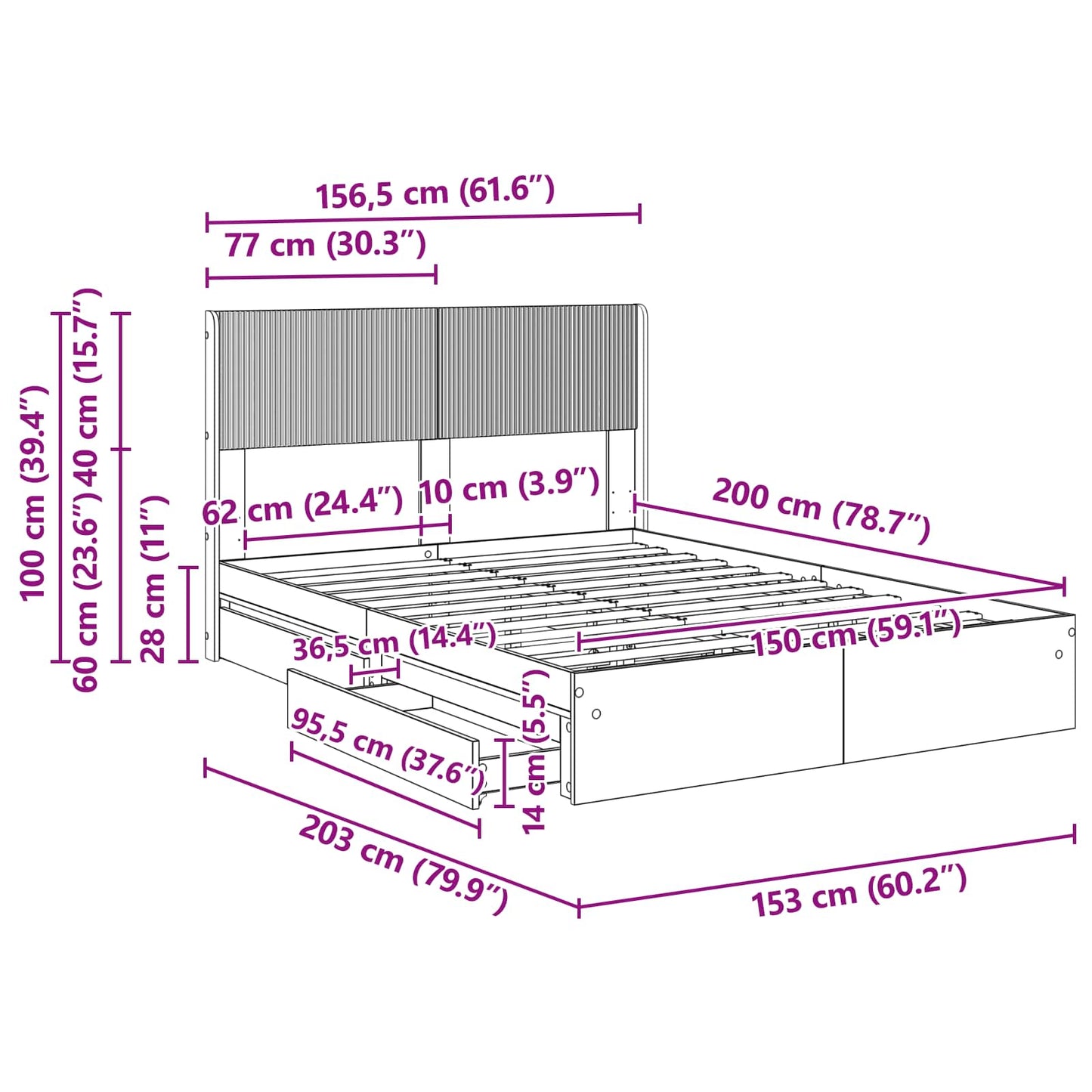 vidaXL Bed Frame with Storage and Headboard Grey Sonoma 150 x 200 cm