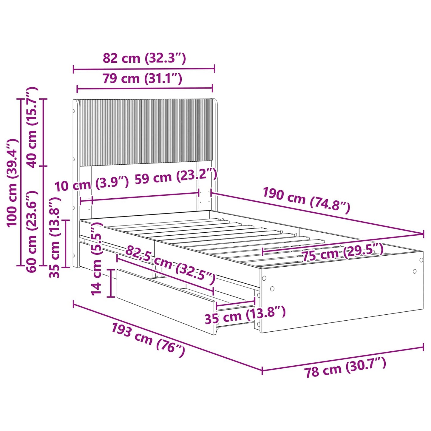 vidaXL Bed Frame with Storage and Headboard Grey Sonoma 75 x 190 cm