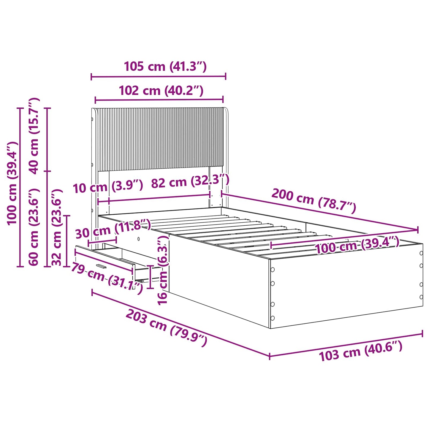 vidaXL Bed Frame with Storage and Headboard Concrete Grey 100 x 200 cm