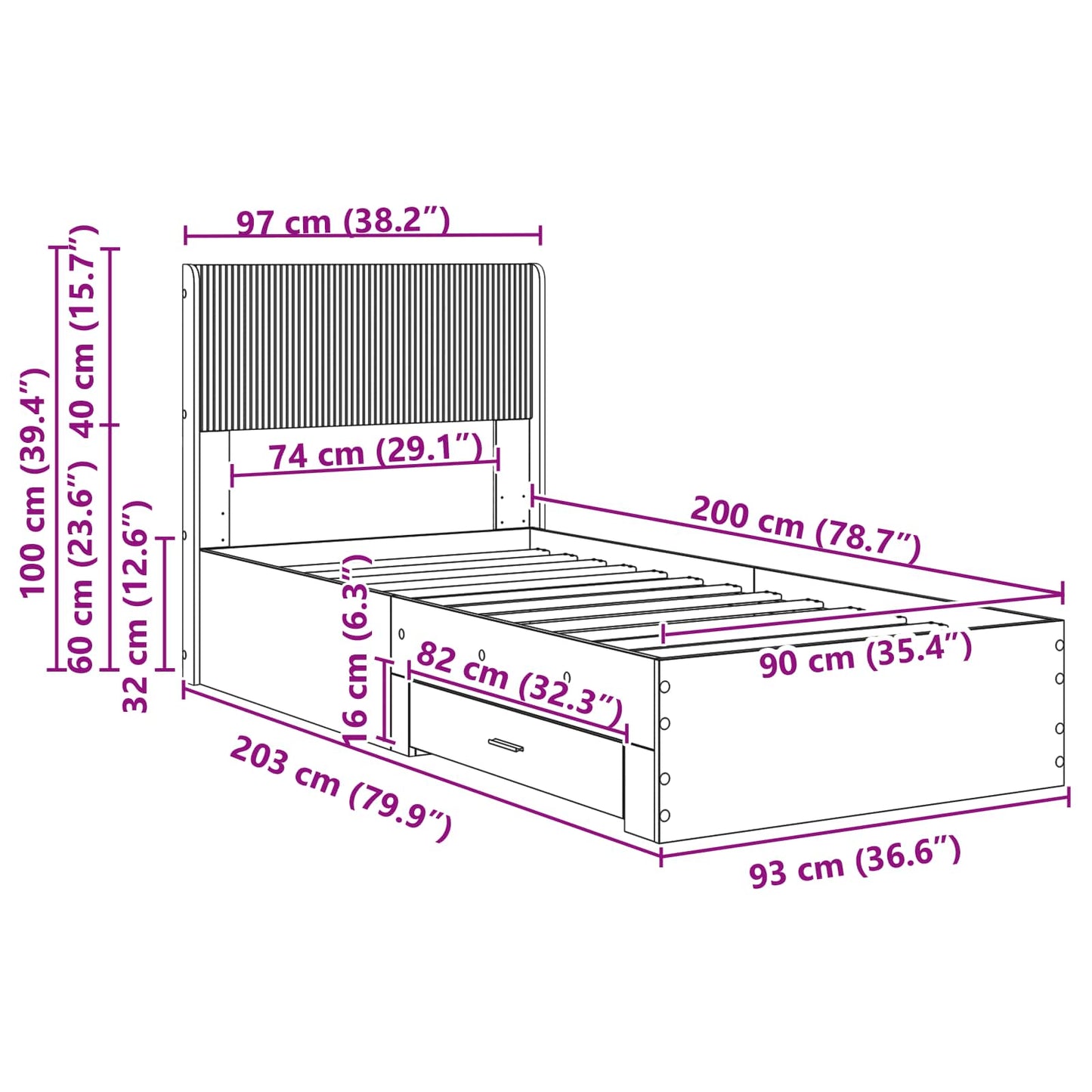 vidaXL Bed Frame with Storage and Headboard Old Wood 90 x 200 cm