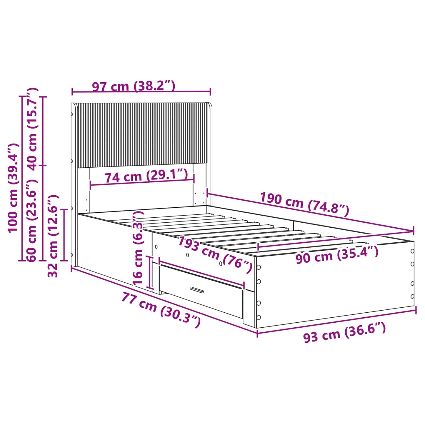 vidaXL Bed Frame with Storage and Headboard Concrete Grey 90 x 190 cm