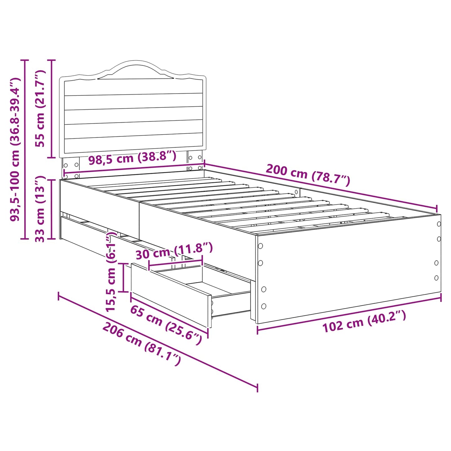 vidaXL Bed Frame with Drawer Black 100 x 200 cm Engineer Wood
