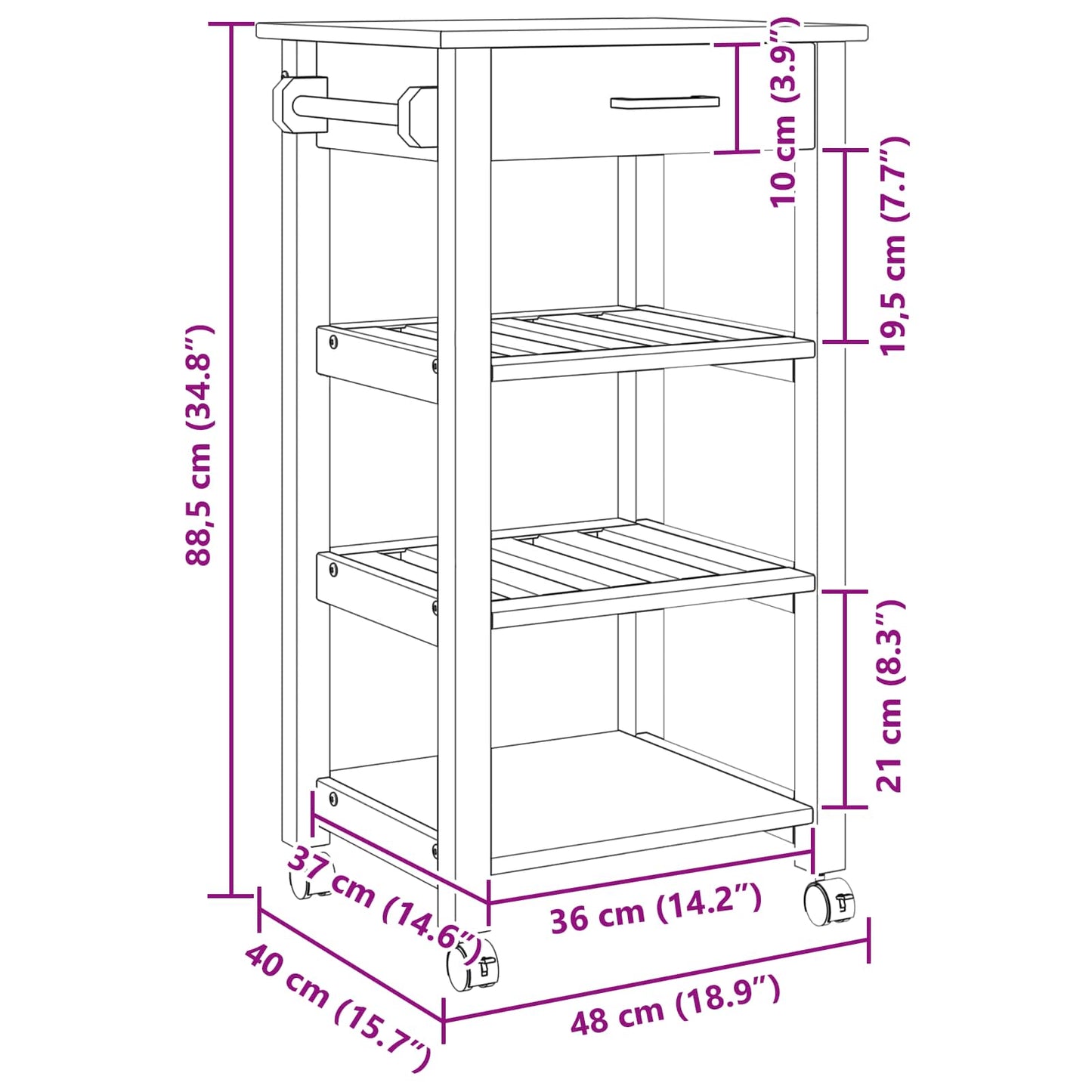 vidaXL Kitchen Trolley MONZA Black 48 x 40 x 88.5 cm Solid Pine Wood