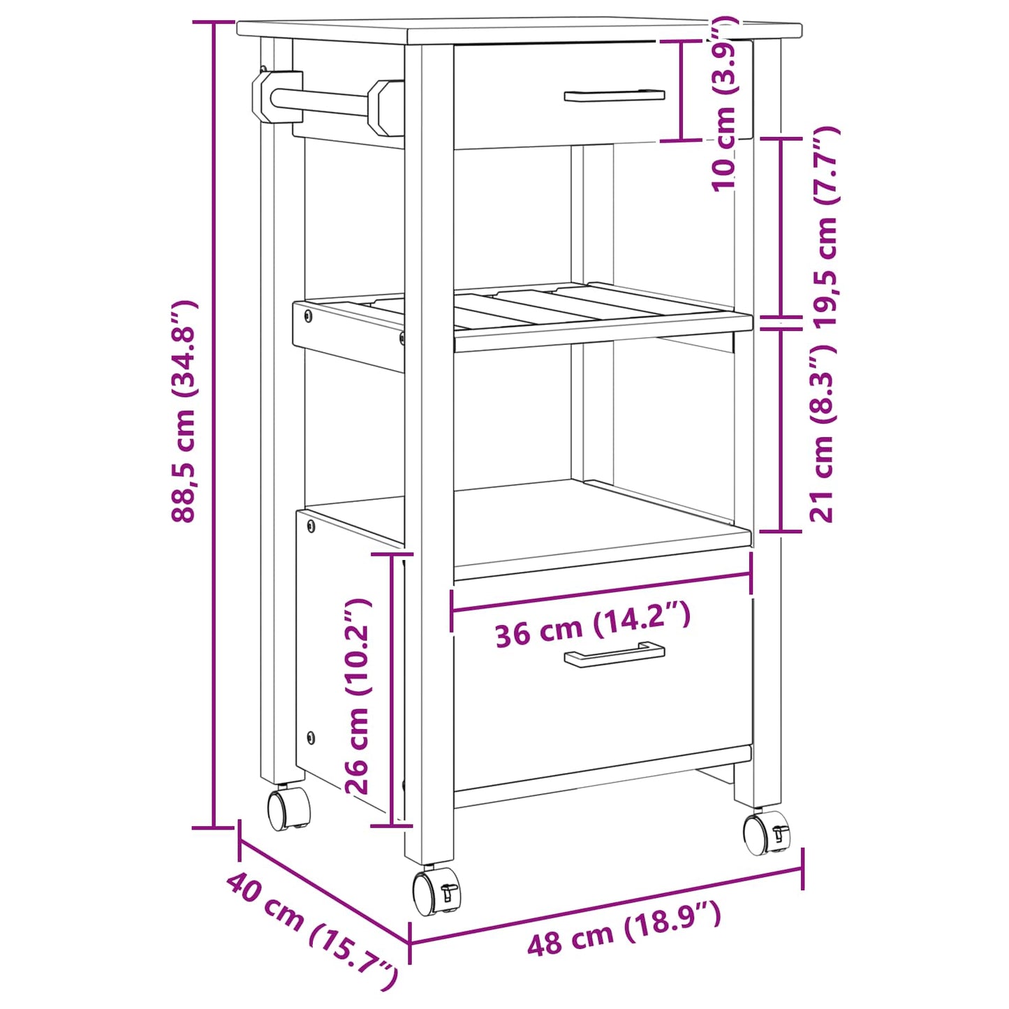 vidaXL Kitchen Trolley MONZA Black 48 x 40 x 88.5 cm Solid Pine Wood