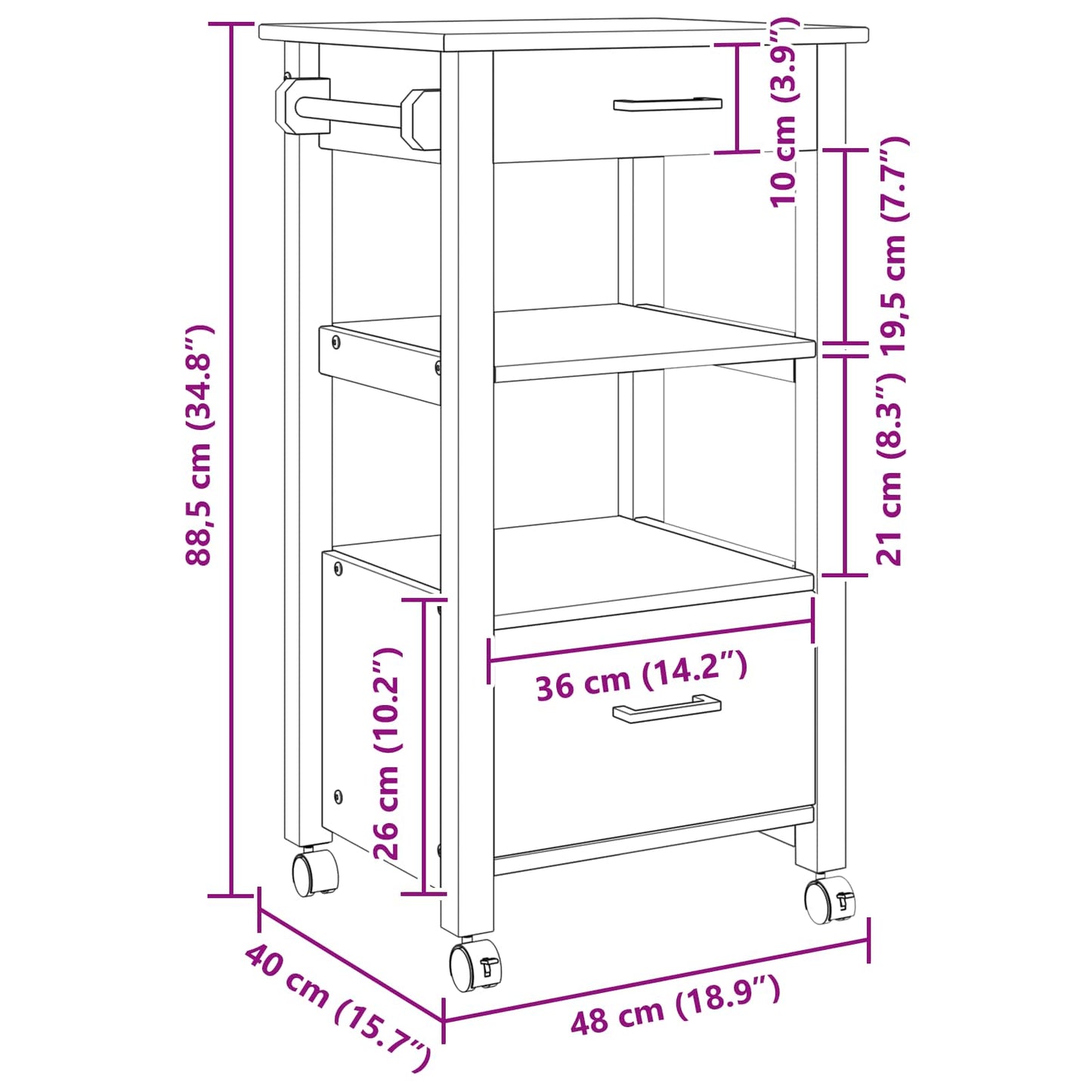 vidaXL Kitchen Trolley MONZA Black 48 x 40 x 88.5 cm Solid Pine Wood