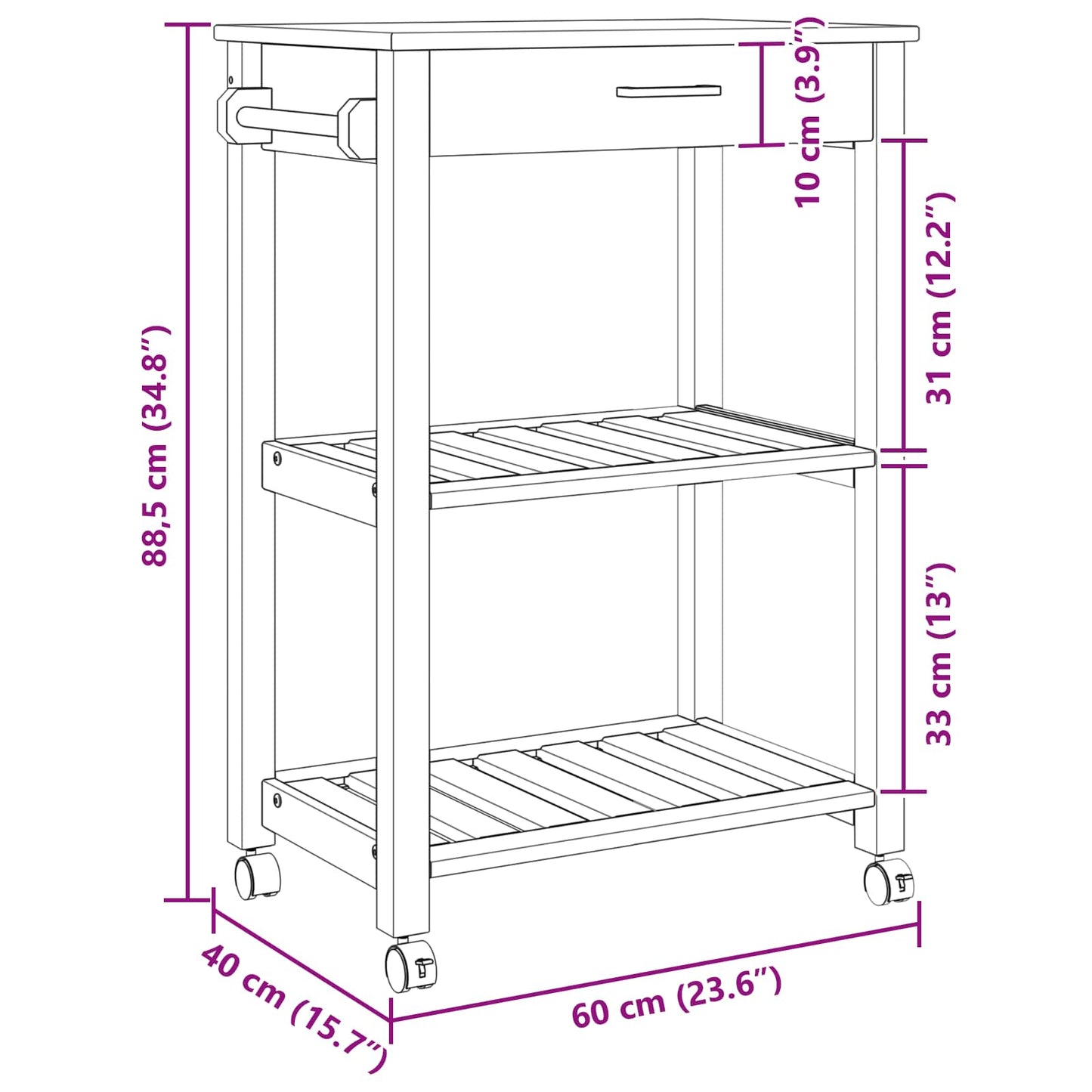 vidaXL Kitchen Trolley MONZA Black 60 x 40 x 88.5 cm Solid Pine Wood