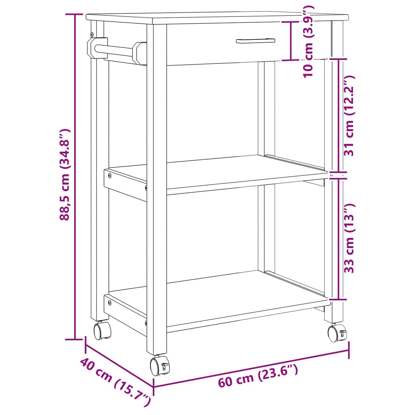vidaXL Kitchen Trolley MONZA Black 60 x 40 x 88.5 cm Solid Pine Wood