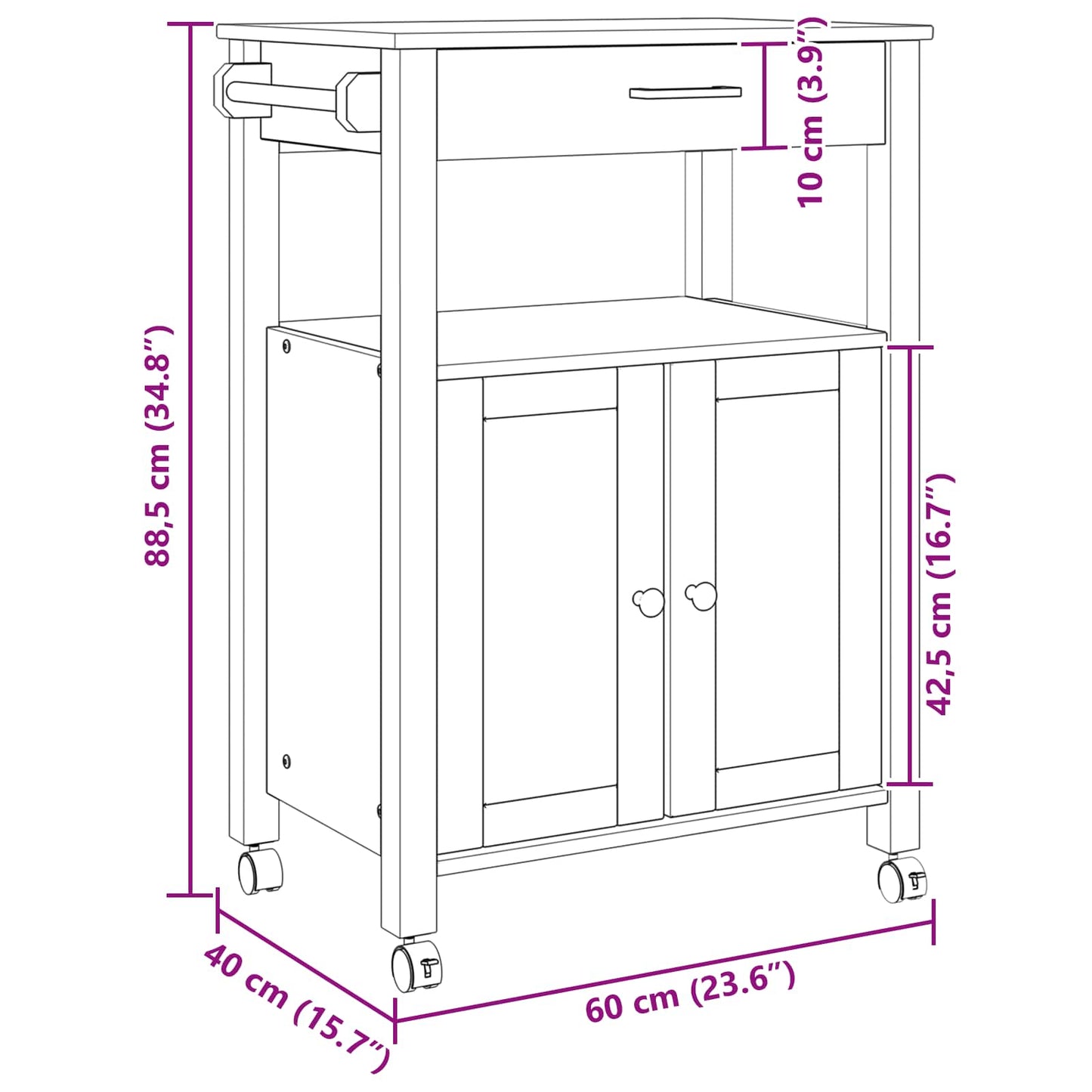 vidaXL Kitchen Trolley MONZA Black 60 x 40 x 88.5 cm Solid Pine Wood