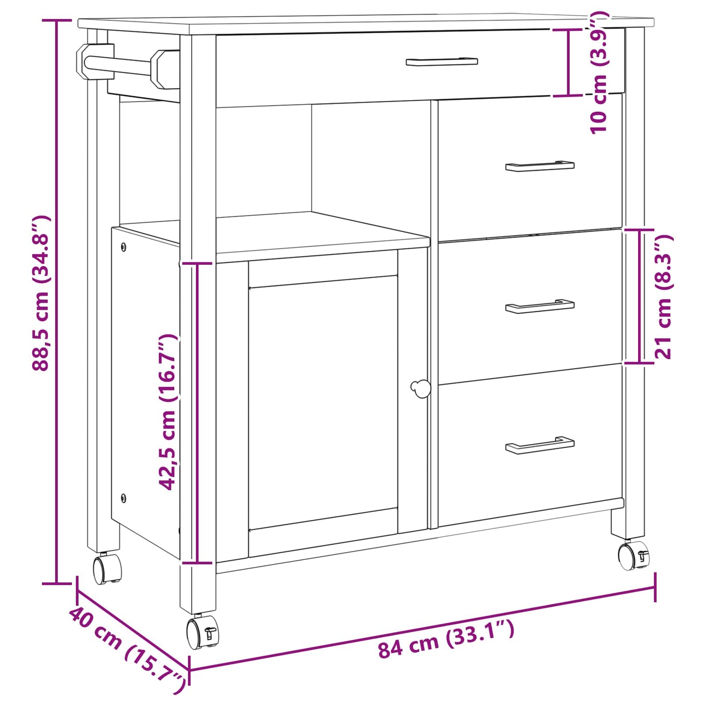 vidaXL Kitchen Trolley MONZA Black 84 x 40 x 88.5 cm Solid Pine Wood