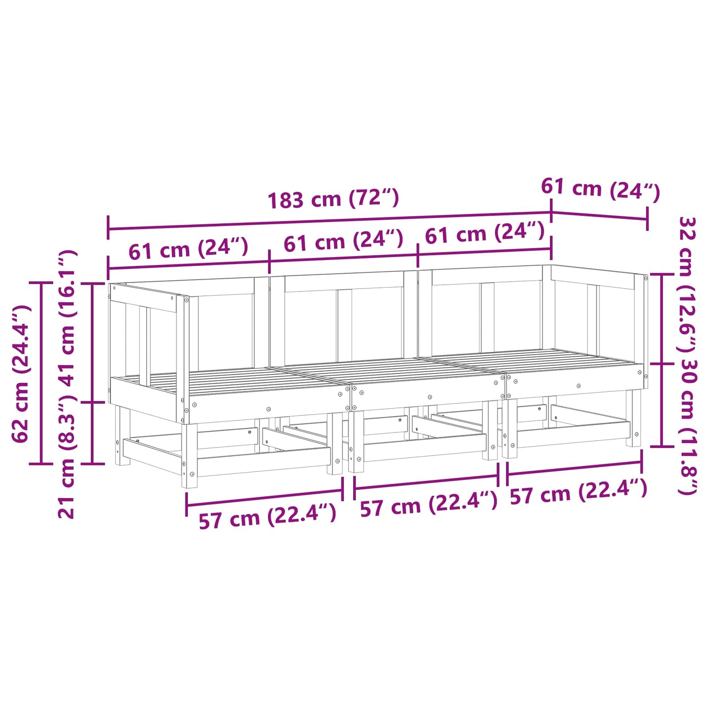 vidaXL Sectional Sofa Units Wax Brown 183 x 61 x 62 cm Solid Pine Wood