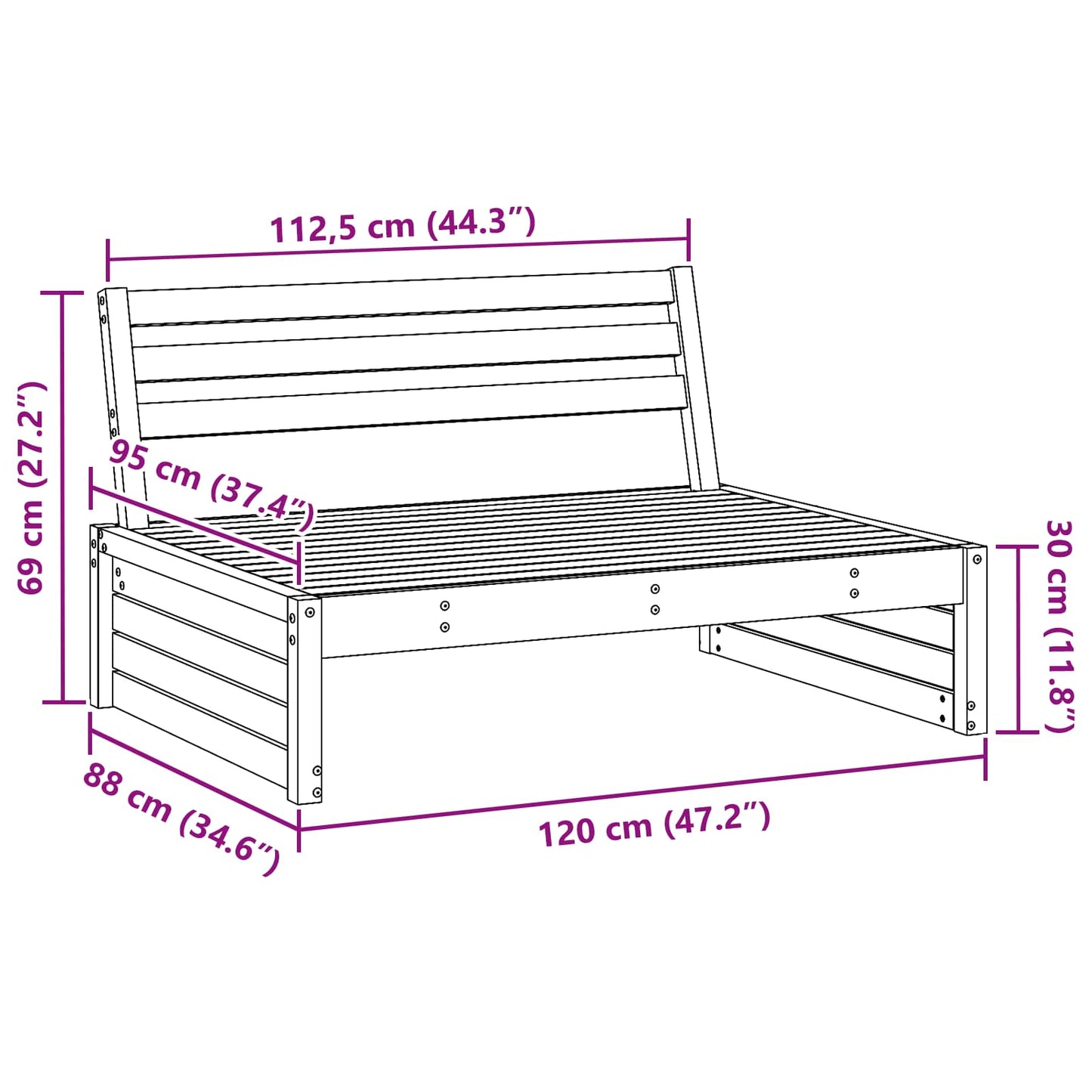 vidaXL Garden Middle Sofa Solid Pine Wood Wax Brown 120 x 95 x 69 cm