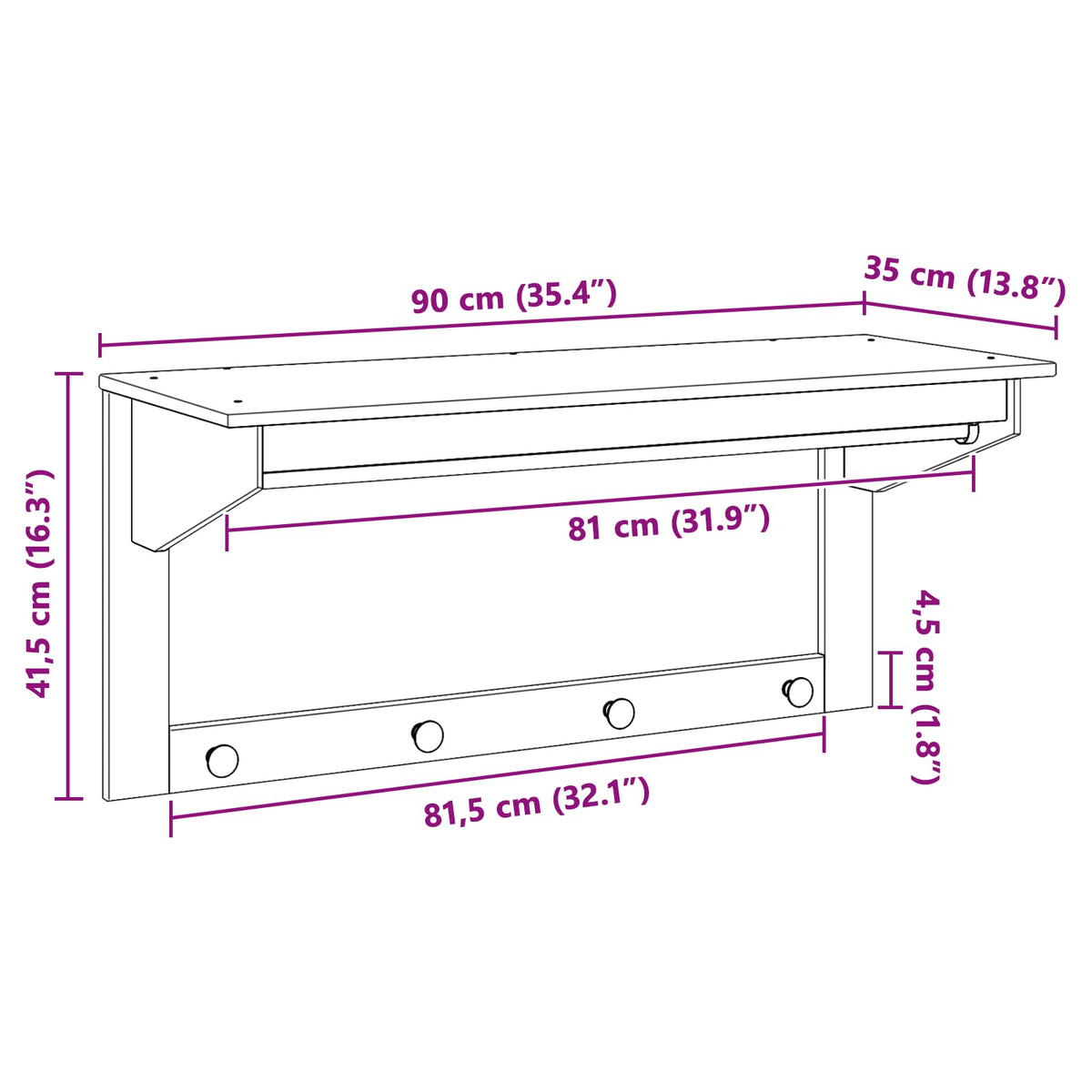 vidaXL Coat Rack HILL White and Honey Brown 90 x 35 x 41.5 cm