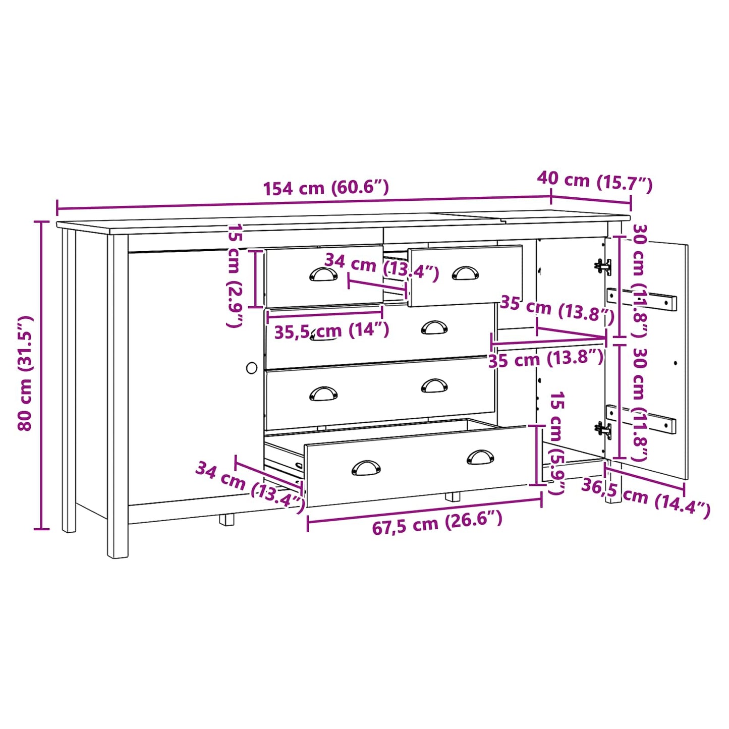 vidaXL Sideboard HILL Honey Brown 154 x 40 x 80 cm Solid Pine Wood