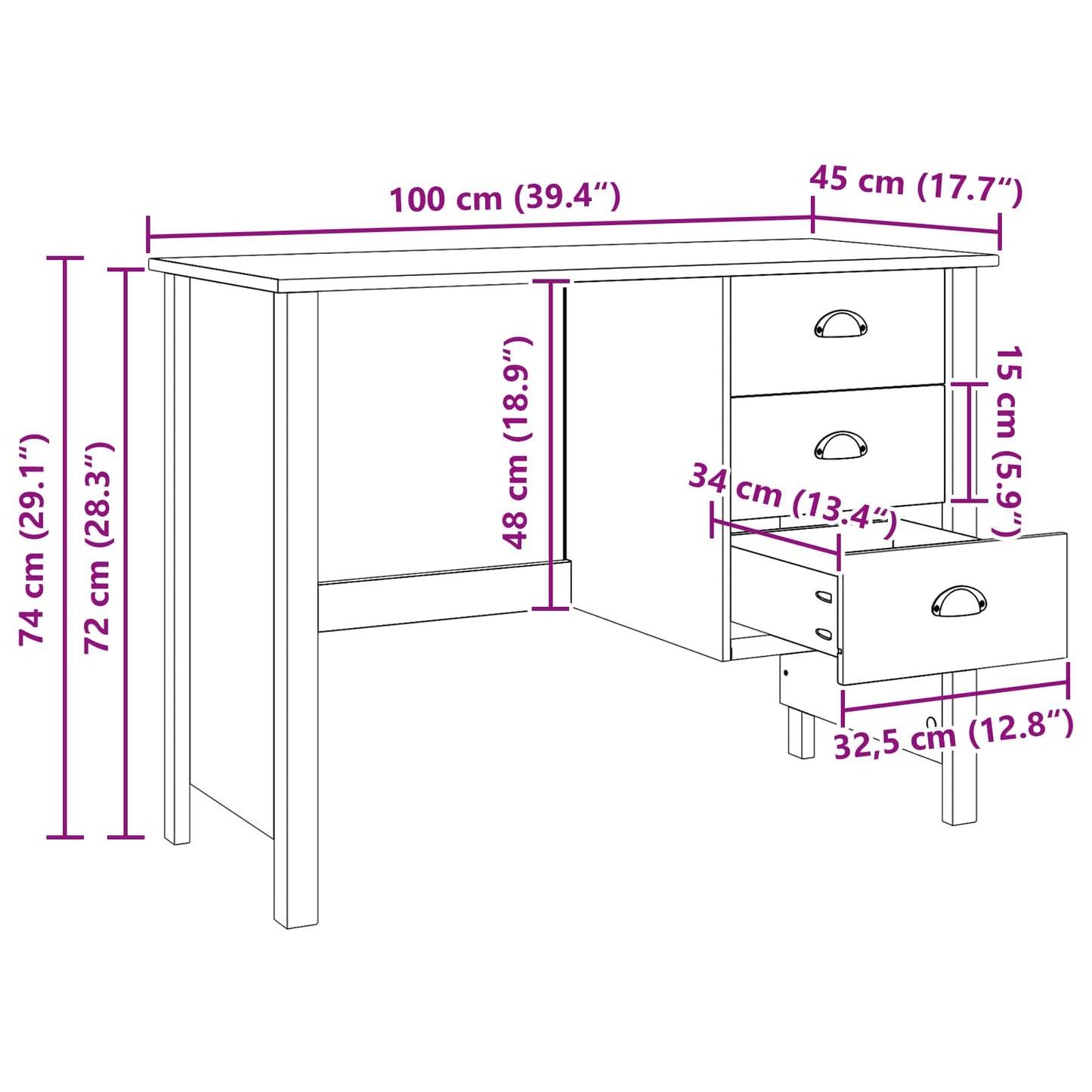 vidaXL Desk with Drawers HILL White 100 x 45 x 74 cm Solid Pine Wood
