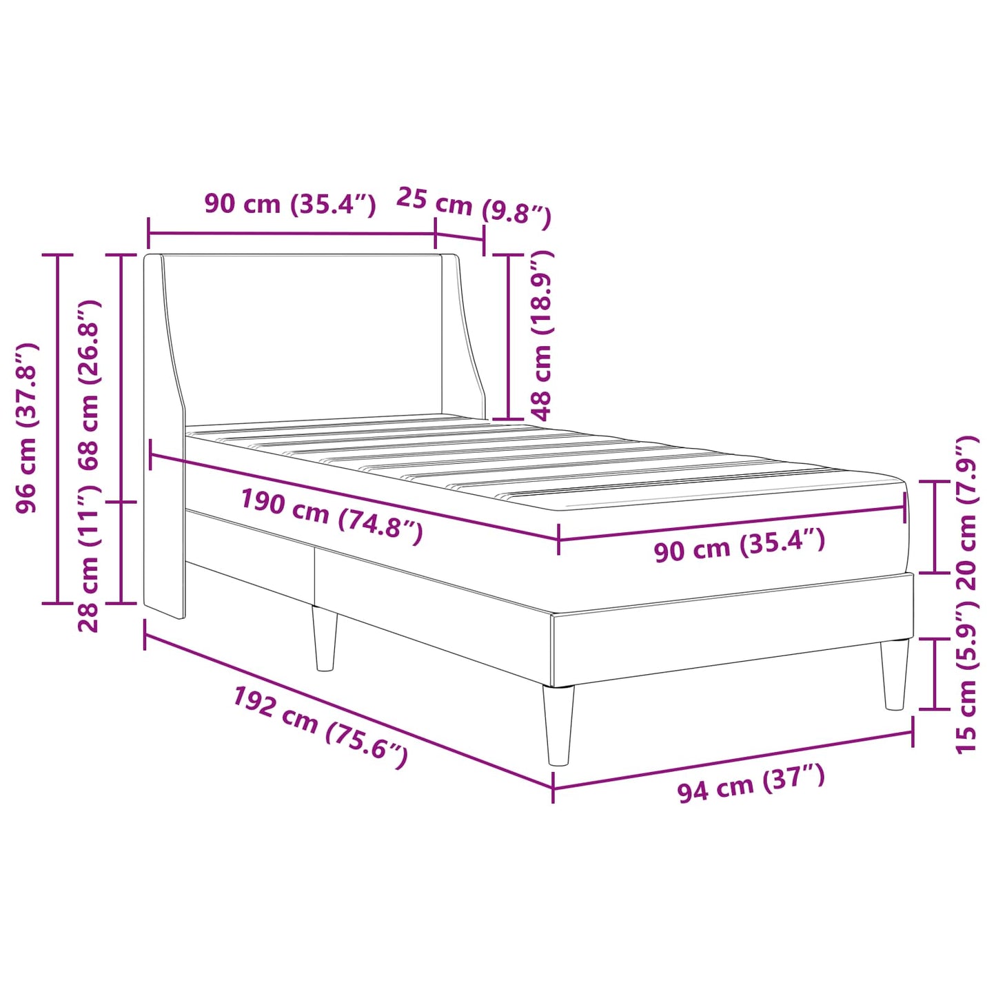 vidaXL Bed Frame with Mattress Dark Grey 90 x 190 cm Fabric