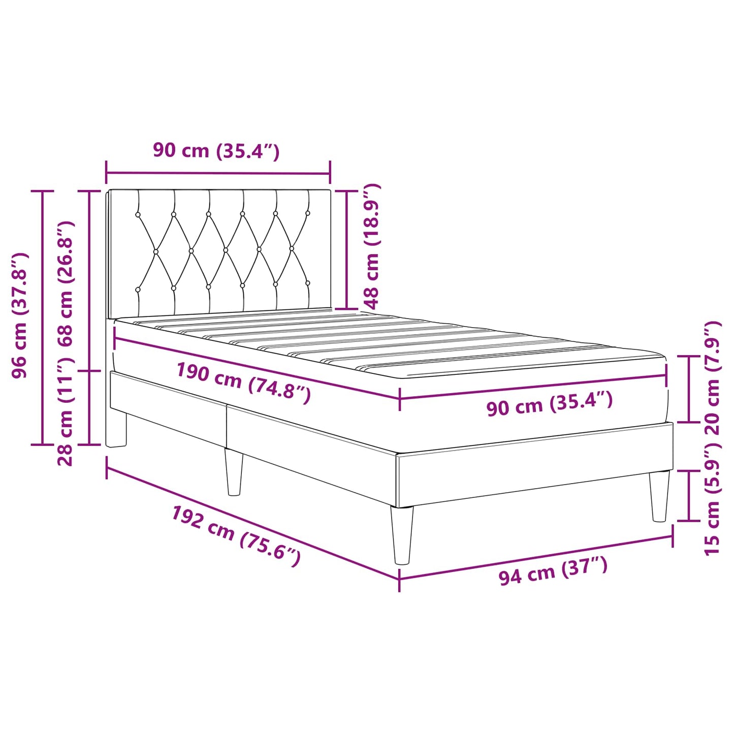 vidaXL Bed Frame with Mattress with Headboard Black 90 x 190 cm Velvet