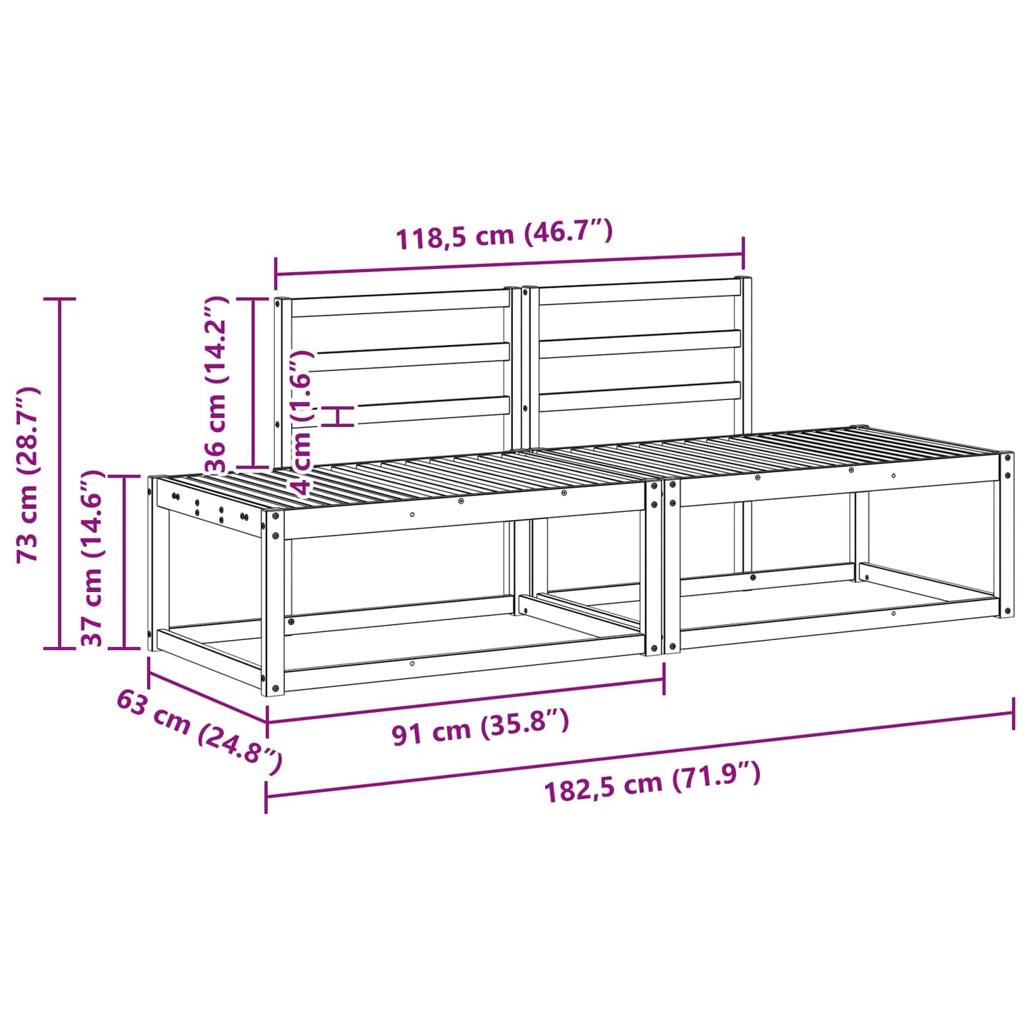 vidaXL Outdoor End Sofa 2 Piece White 182.5 x 63 x 73 cm
