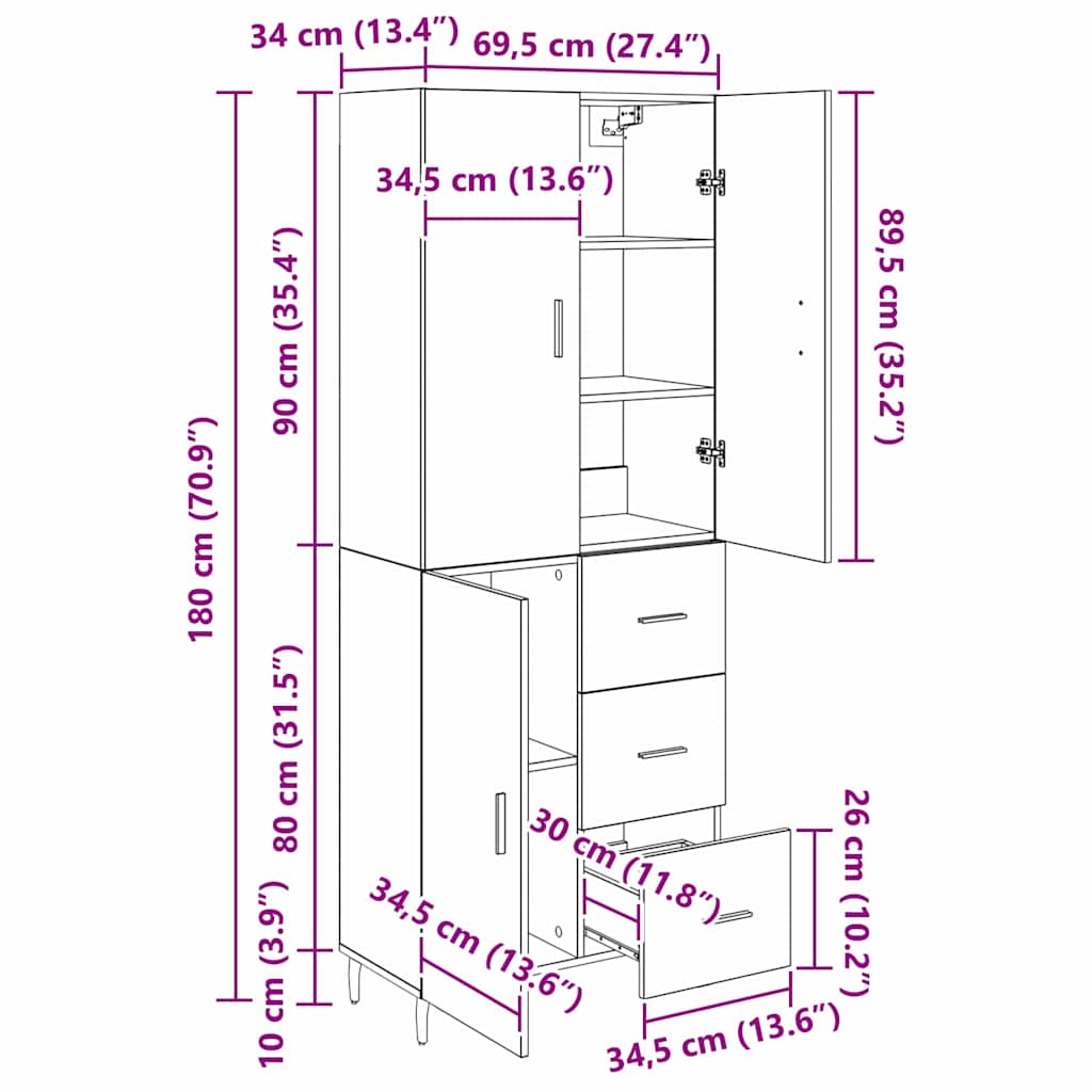 vidaXL Highboard 2 pcs Artisan Oak 69.5 x 34 x 180 cm Engineered Wood
