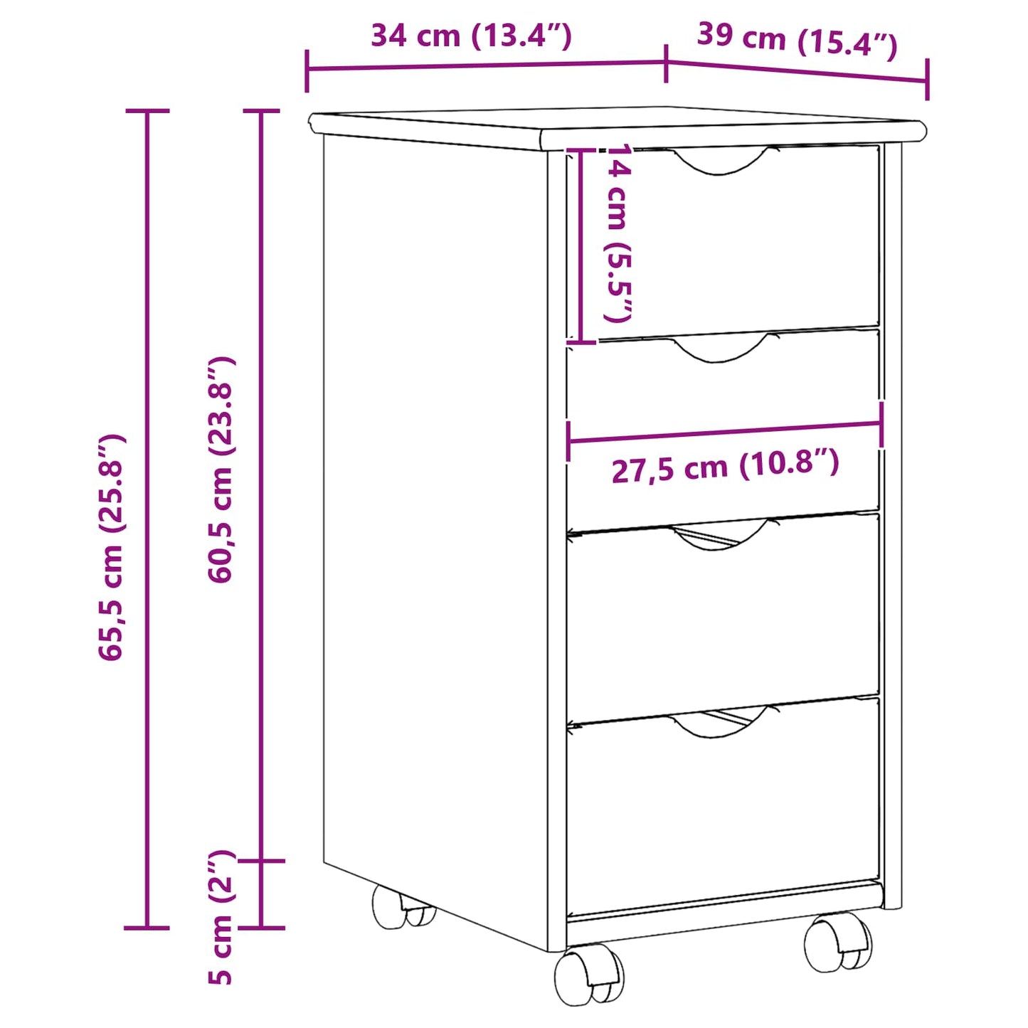 vidaXL Rolling Cabinet Honey Brown 34 x 39 x 65.5 cm Solid Pine Wood